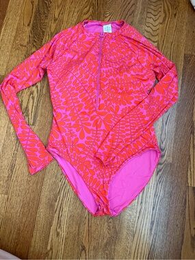 Trina Turk Pink & Orange Long Sleeve Zip Front One-Piece Swimsuit